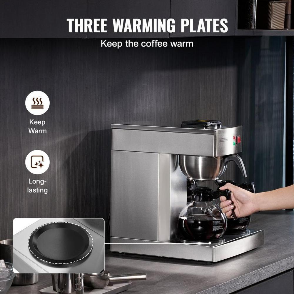12 Cups Commercial Drip Coffee Maker, Coffee Maker Machine with 3 Glass Carafes and 3 Warmer Plates, Stainless Steel Pour Over Coffee Brewer with Auto Water Intake, for Restaurant Office Cafe