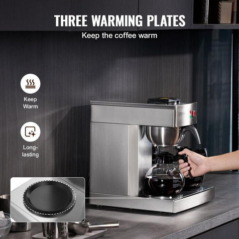 12 Cups Commercial Drip Coffee Maker, Coffee Maker Machine with 3 Glass Carafes and 3 Warmer Plates, Stainless Steel Pour Over Coffee Brewer with Auto Water Intake, for Restaurant Office Cafe