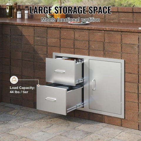 Outdoor Kitchen Door Drawer Combo 32.5" W x 21.7" H x 20.5''D, Access Door/Double Drawers with Paper Towel Rack, BBQ Island Drawers with Stainless Steel Handles for Outdoor Kitchen