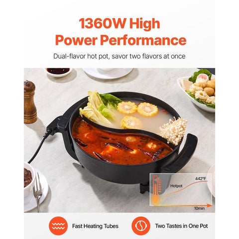 Electric Hot Pot, 1360W 5 L Double-flavor Shabu Shabu Pot, Non-Stick Electric Cooker with Divider, Clear Glass Lid, Temperature control, Chinese Hotpot for 6-10 People Family Dinning & Party