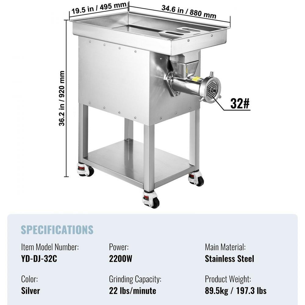 Commercial Electric Meat Grinder 22Lb/Min 2200W Industrial Cabinet Grinder