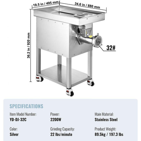 Commercial Electric Meat Grinder 22Lb/Min 2200W Industrial Cabinet Grinder