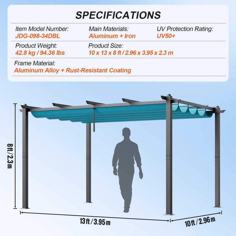 10'x13' Outdoor Retractable Pergola with Sun Shade Canopy Aluminum Bule