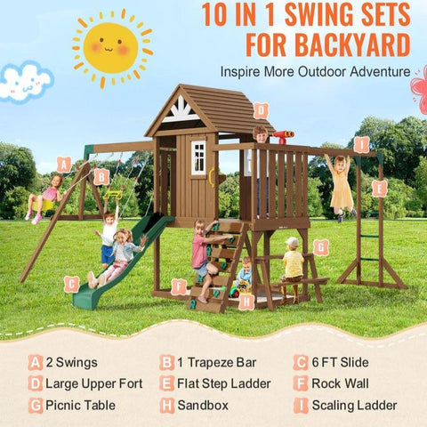 Wooden Swing Set 10 IN 1 Outdoor Playground Sets 6 FT Slide Upper Fort