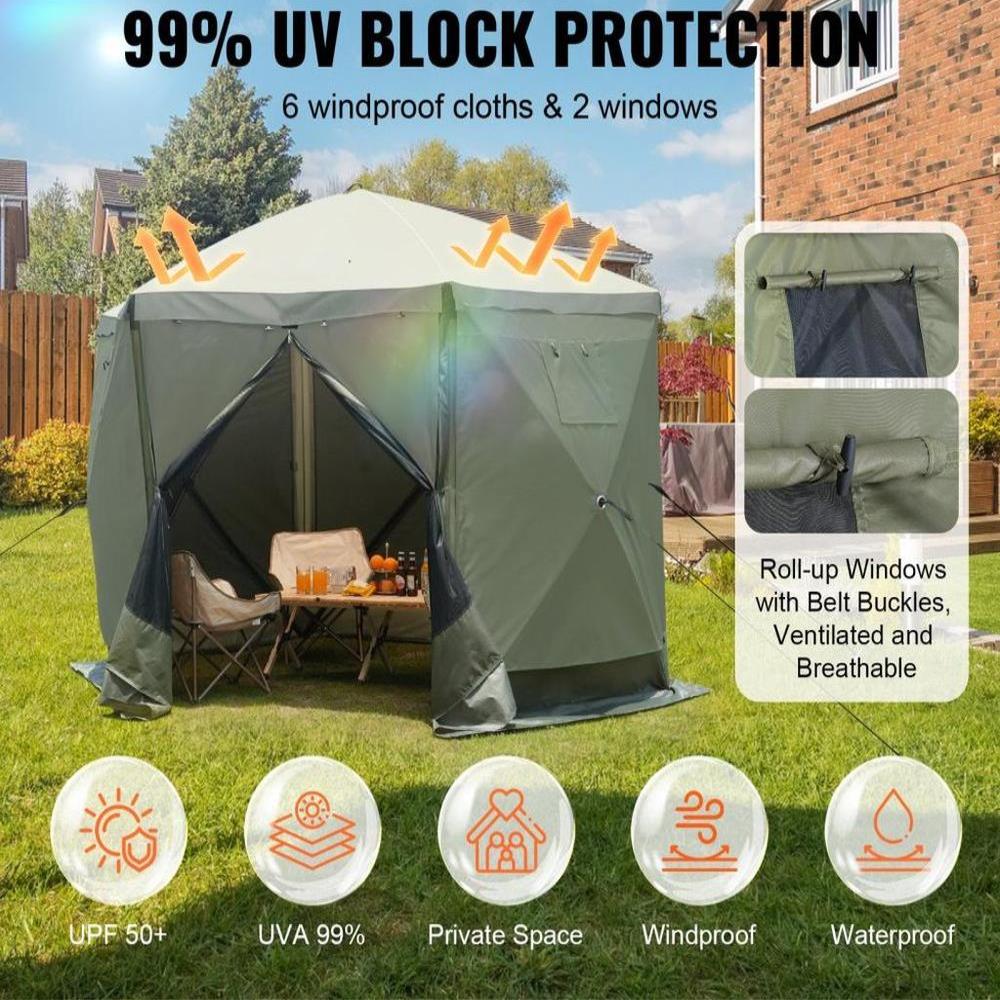 Pop Up Gazebo Tent, Pop-Up Screen Tent 6 Sided Canopy Sun Shelter with 6 Removable Privacy Wind Cloths & Mesh Windows, 10x10FT Quick Set Screen Tent with Mosquito Netting, Army Green