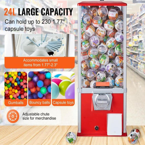 Gumball Machine for Kids, 25" Height Home Vending Machine, PS Bouncy Balls Dispenser, Hold 230 Capsule Toys, Rectangle Bubble Gum Machine for Game Stores, Coin Operated Gumball Bank, Red
