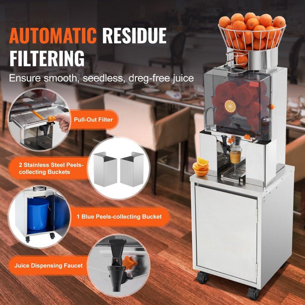 Commercial Orange Juicer, 120W Automatic Feeding Juice Extractor with Water Tap, Stainless Steel Juicer Machine 25 Oranges/Minute, with Pull-Out Filter Box, PC Cover, 3 Peel Collecting Buckets