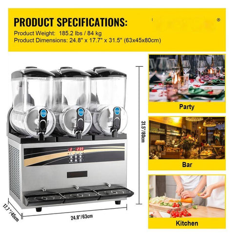 Commercial Slushy Machine, 3x15L Tank Commercial Margarita Maker, 1200W Stainless Steel Frozen Drink Machine, Temperature Adjustment 26.6°F to 28.4°F, Perfect for Restaurants Cafes Bars