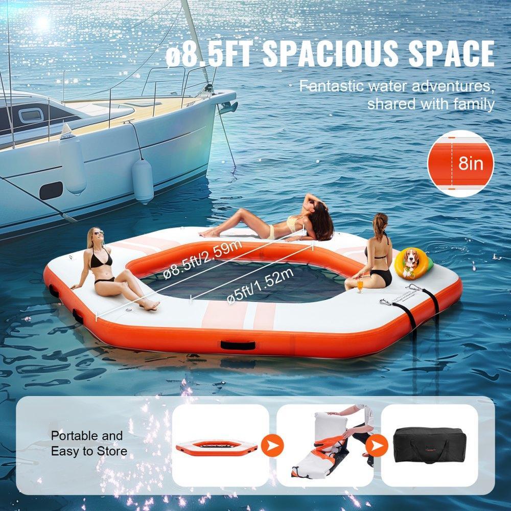 Inflatable Floating Dock 8.5 ft Platform with 5 ft Trampoline Mesh Pool Non Slip Water Mat with Portable Bag and Detachable Ladder for Pool and Beach Relaxation