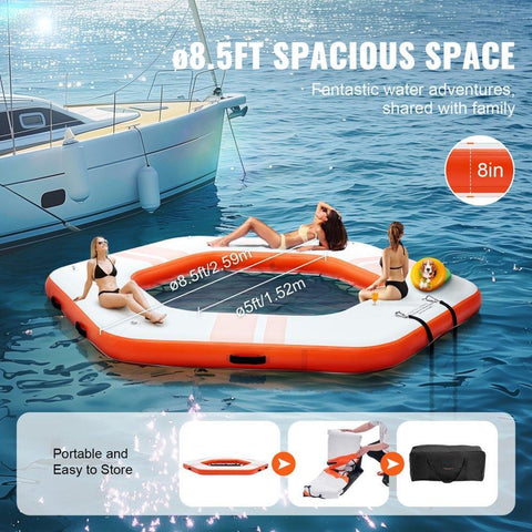 Inflatable Floating Dock 8.5 ft Platform with 5 ft Trampoline Mesh Pool Non Slip Water Mat with Portable Bag and Detachable Ladder for Pool and Beach Relaxation