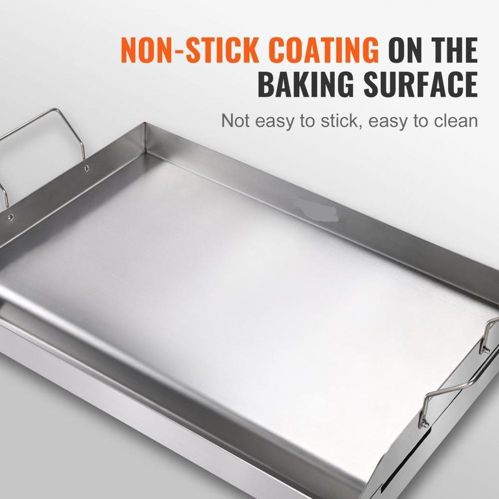 Stove Top Griddle, 23.5"x16" Pre-Seasoned Stainless Steel Griddle, Rectangular Double Burner Griddle Pan, Non-Stick Family Pan Cookware with Handles and Oil Groove, for BBQ, Gas Grills, Silver