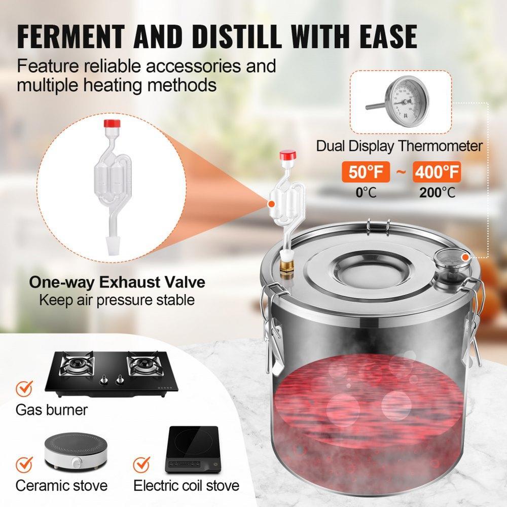 Alcohol Still, 3 Gal / 11.4 L Stainless Steel Water Alcohol Distiller with Copper Coil for Fast Cooling, Dual Condenser Distiller Kit with Secondary Distillation, for Wine Whisky Brandy, Silver