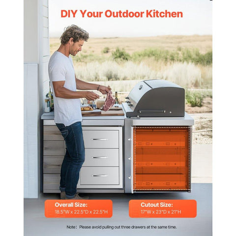 Outdoor Kitchen Drawers, 18.5"W x 22.5"H x 22.5"D Triple Access Drawers, Stainless Steel Flush Mount Cabinets, BBQ Island Drawers Storage with Handle, for Outdoor Kitchens or Patio Grill Station