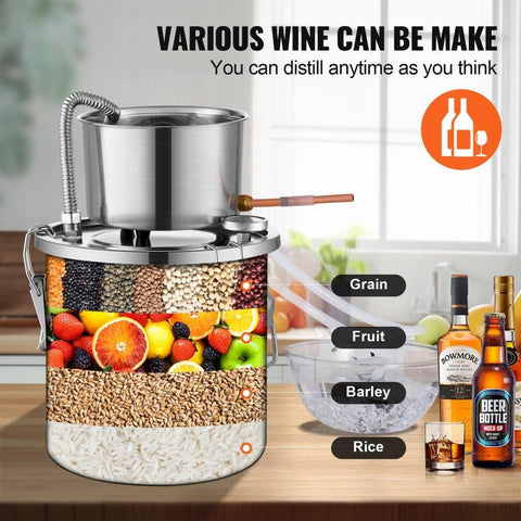 Alcohol Still, 3 Gal / 11.4 L Stainless Steel Water Alcohol Distiller with Coil Cooling, Home Brewing Refining Fermentation Kit with Dual Display Thermometer, for Wine Whisky Brandy, Silver