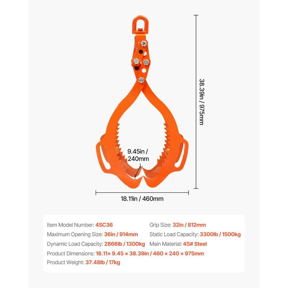 36in Log Lifting Tongs 4 Claw Solid Steel Log Grapple Swivel Log Tools