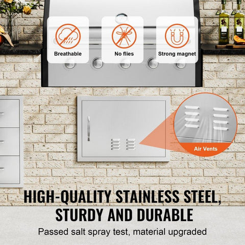 BBQ Access Door, 24W x 17H Inch Single Outdoor Kitchen Door, Stainless Steel Flush Mount Door, Wall Vertical Door with Handle and vents, for BBQ Island, Grilling Station, Outside Cabinet