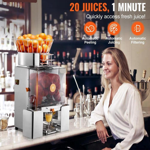 Commercial Orange Juicer Machine, 120W Automatic Feeding Juice Extractor, Stainless Steel Juice Extractor for 25 Oranges Per Minute, with Pull-Out Filter Box, PC Cover, 2 Peel Collecting Buckets