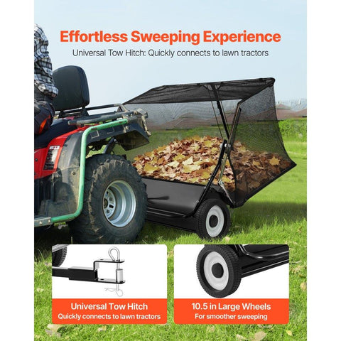 Tow Behind Lawn Sweeper, 48 in Pull Behind Yard Sweeper, 26 cu. ft Hopper Bag Capacity, Leaf & Grass Collector with Dumping Rope, Adjustable Sweeping Height, Garden Sweepers for Lawn Farm