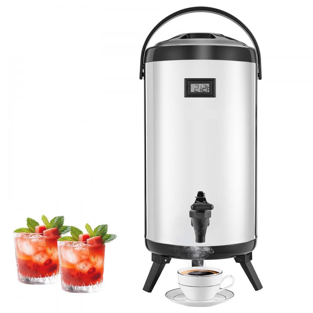 Insulated Beverage Dispenser, 2.4 Gal/9.2L Stainless Steel Thermal Drink Server with Spigot & Temp Display, Suitable for Hot and Cold Drinks, for Tea Coffee Water in Cafes & Restaurants, Silver