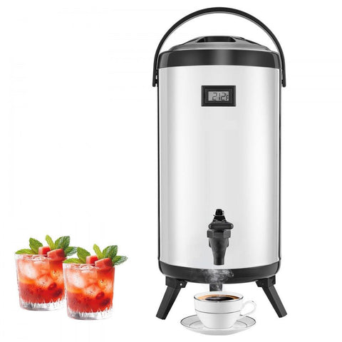 Insulated Beverage Dispenser, 2.4 Gal/9.2L Stainless Steel Thermal Drink Server with Spigot & Temp Display, Suitable for Hot and Cold Drinks, for Tea Coffee Water in Cafes & Restaurants, Silver
