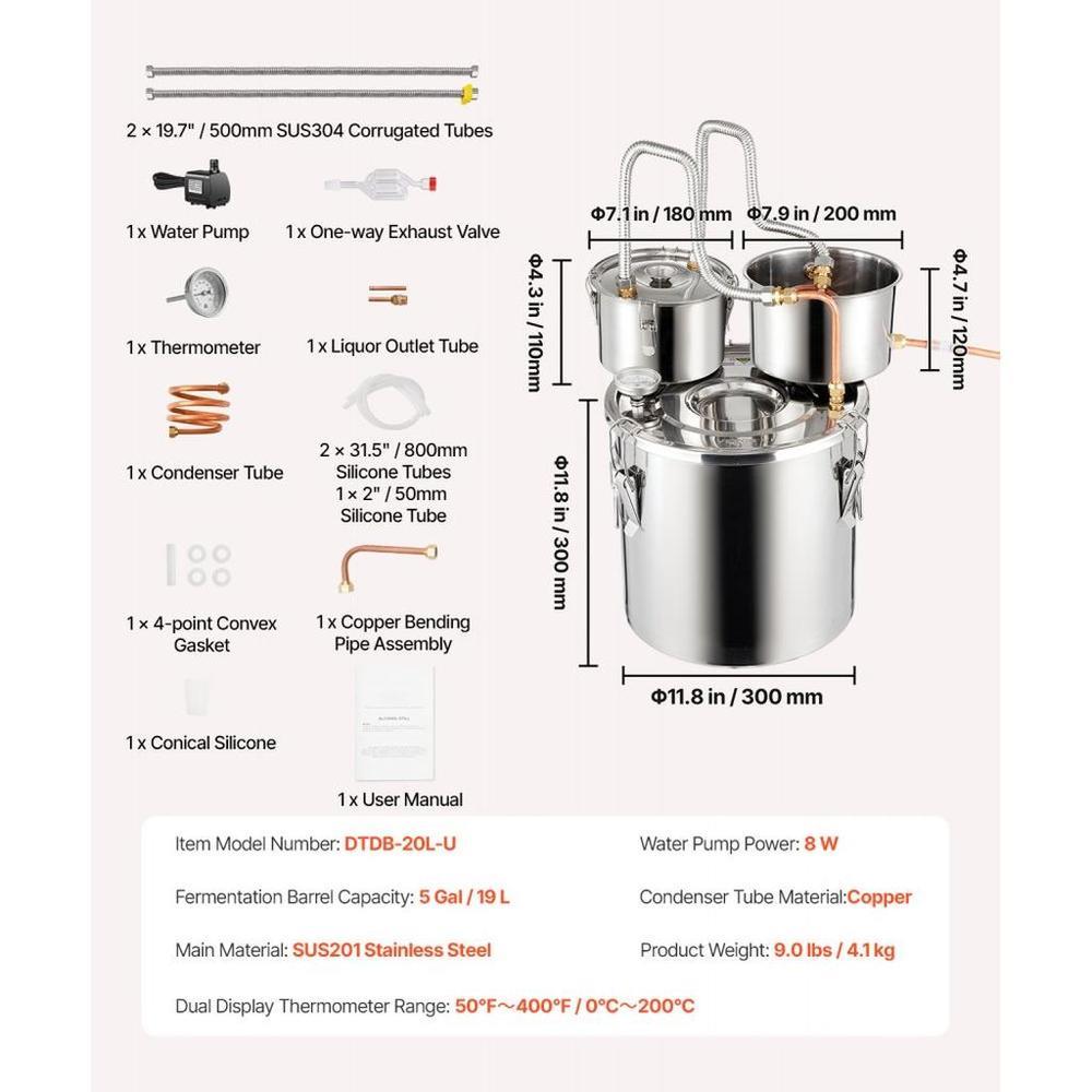 Alcohol Still, 5 Gal / 19 L Stainless Steel Water Alcohol Distiller with Copper Coil for Fast Cooling, Dual Condenser Distiller Kit with Secondary Distillation, for Wine Whisky Brandy, Silver