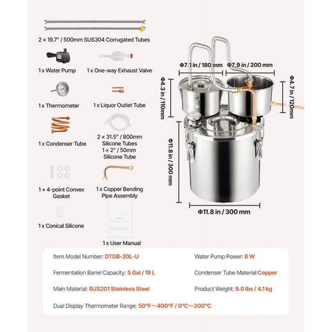 Alcohol Still, 5 Gal / 19 L Stainless Steel Water Alcohol Distiller with Copper Coil for Fast Cooling, Dual Condenser Distiller Kit with Secondary Distillation, for Wine Whisky Brandy, Silver