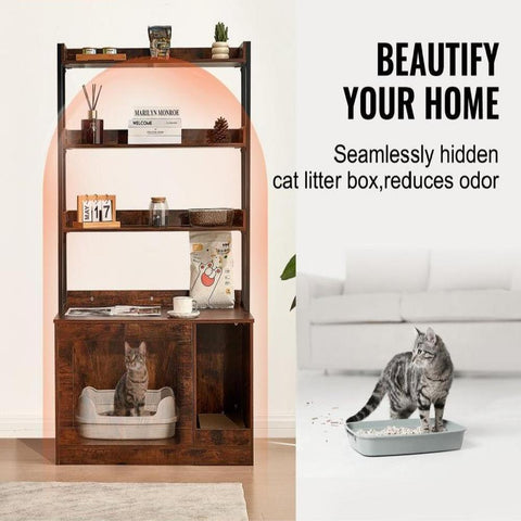 Cat Litter Box Enclosure Wooden Litter Box Furniture Hidden with 3 Shelves
