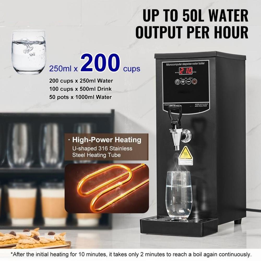 Commercial Water Boiler, Electric Hot Water Dispenser with 316 Stainless Steel Heating Tube, 1500W Step-by-step Fast Heating 50L per Hour Hot Water Boiler, for Coffee Tea Restaurant Office