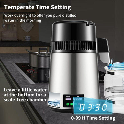 1.1 Gal Water Distiller, 0.3 Gal/H, 750W Distilled Water Maker Machine 0-99H Timing Set Temp Display, 304 Stainless Steel Countertop Distiller Glass Carafe Cleaning Powder 3 Carbon Packs, Silver