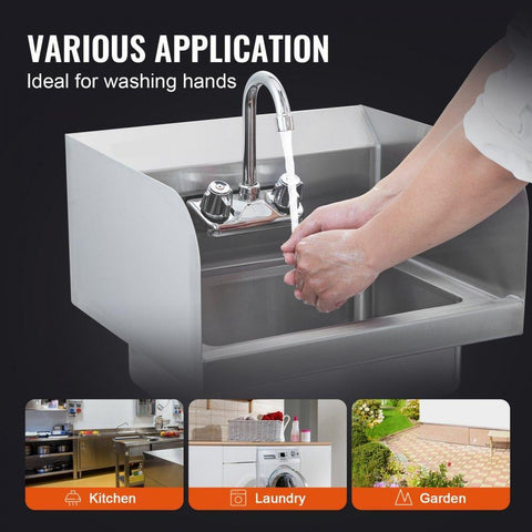 Commercial Hand Sink with Faucet and Side Splash, Stainless Steel Sink for Washing, Small Hand Washing Sink, Wall Mount Hand Basin for Restaurant, Kitchen, Bar, Garage and Home, 17x12.8 inch