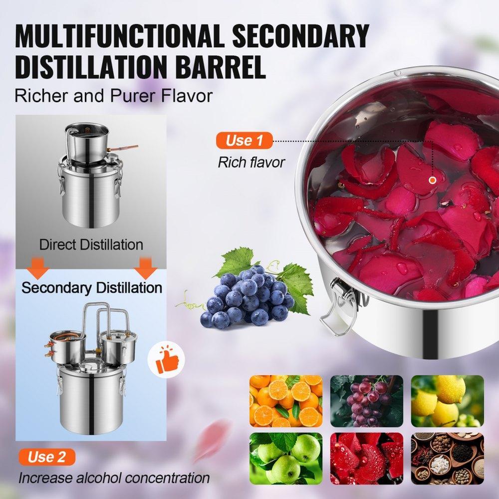 Alcohol Still, 5 Gal / 19 L Stainless Steel Water Alcohol Distiller with Copper Coil for Fast Cooling, Dual Condenser Distiller Kit with Secondary Distillation, for Wine Whisky Brandy, Silver