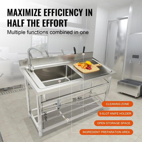 Stainless Steel Utility Sink 1 Compartment Free Standing Small Sink with Workbench Faucet and Legs 394 x 191 x 374 in Commercial Single Bowl for Garage Restaurant Laundry