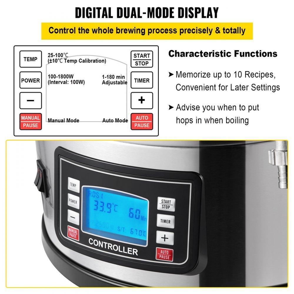 Electric Brewing System, 9.2 Gal/35 L Brewing Pot, All-in-One Home Beer Brewer with Pump, Mash Boil Device with Panel, Auto/Manual Mode 100-1800W Power 25-100℃ Temp 1-180 min Timer Recipe Memory