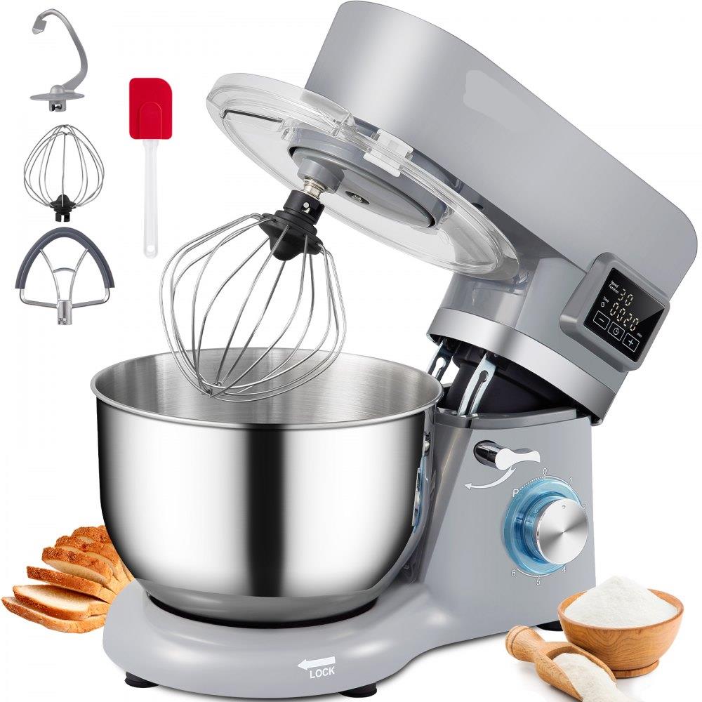 Stand Mixer, 660W Electric Dough Mixer with 6 Speeds LCD Screen Timing, Tilt-Head Food Mixer with 5.8 Qt Stainless Steel Bowl, Dough Hook, Flat Beater, Whisk, Scraper, Splash-Proof Cover - Gray