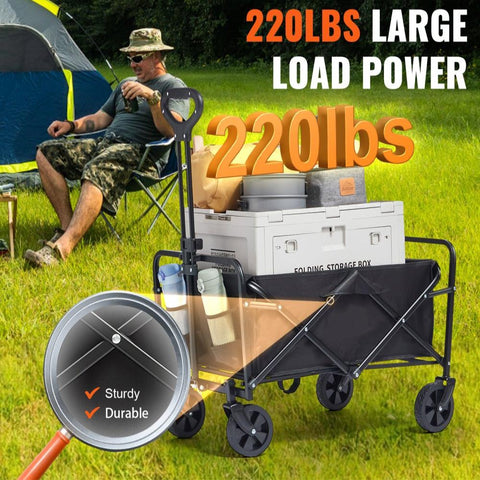 Collapsible Folding Wagon 2 cu ft Beach Cart with All Terrain 5 in Wheels Heavy Duty 220 lbs Capacity with Drink Holders for Camping Shopping and Garden