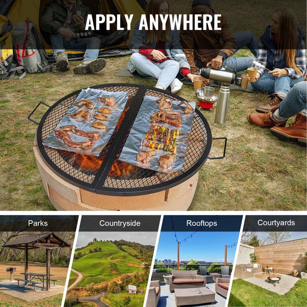 X-Marks Fire Pit Grill Grate, Foldable Round Cooking Grate, Heavy Duty Steel Campfire BBQ Grill Grid with Handle and Support X Wire, Portable Camping Cookware for Outside Party, 36 Inch Black