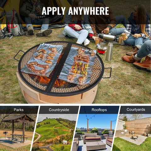 X-Marks Fire Pit Grill Grate, Foldable Round Cooking Grate, Heavy Duty Steel Campfire BBQ Grill Grid with Handle and Support X Wire, Portable Camping Cookware for Outside Party, 36 Inch Black