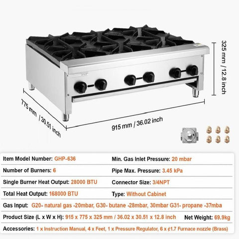 Commercial Gas Range Stove 6 Burners Countertop Cooking Hot Plate Kitchen
