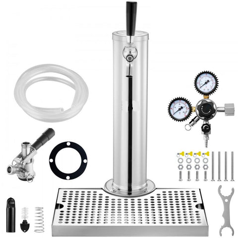 Kegerator Tower Kit, Single Tap Beer Conversion Kit, Stainless Steel Keg Beer Tower Dispenser with Dual Gauge CGA320 Regulator & D-System Keg Coupler, Beer Drip Tray for Party Home