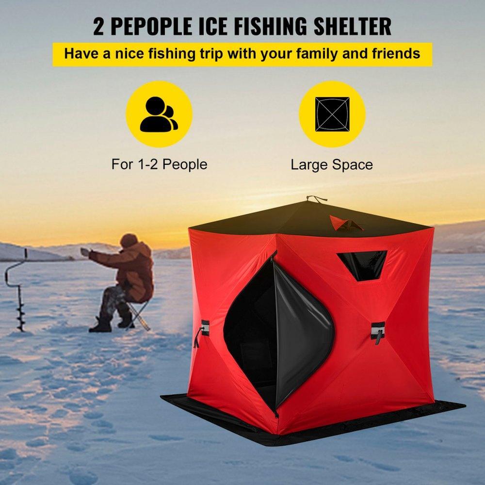 2-3 Person Ice Fishing Shelter Tent, 300D Oxford Fabric Portable Ice Shelter with Pop-up Pull Design, Strong Waterproof and Windproof Ice Fish Shelter for Outdoor Fishing, Red