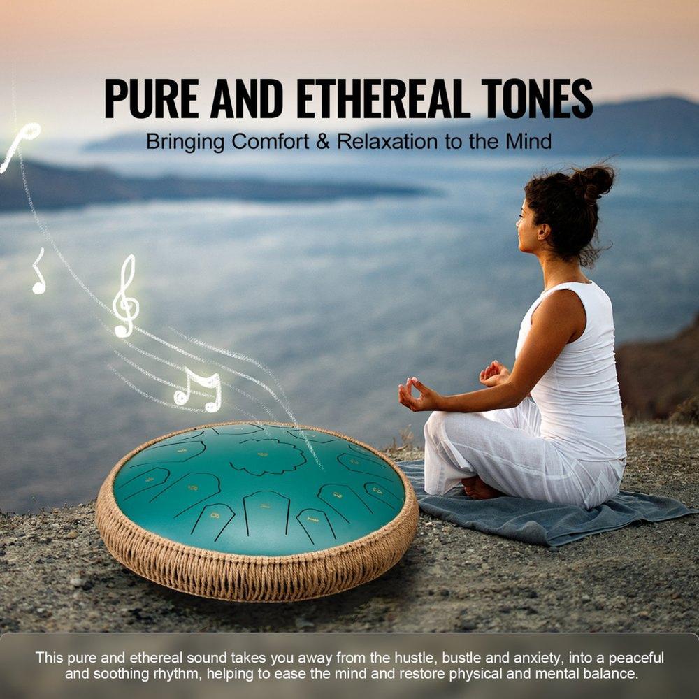 Steel Tongue Drum, 14 in & 15 Notes, Rain Drum for Outside Garden, D Major Key, Tank Drum with 2 Mallets & Carry Bag, Hand Pan Drum Percussion Instrument for Musical Education Yoga, Green