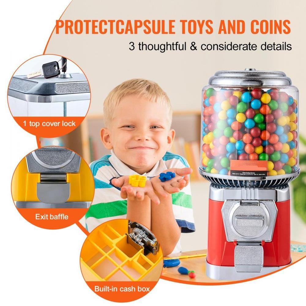 Gumball Machine for Kids, 16"H Home Candy Vending Machine, PC Round Gumball Dispenser, Bubble Gum Machine for Game Stores, Coin Operated Gumball Bank for Toy Capsules Bouncy Balls Candy, Red