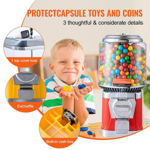 Gumball Machine for Kids, 16"H Home Candy Vending Machine, PC Round Gumball Dispenser, Bubble Gum Machine for Game Stores, Coin Operated Gumball Bank for Toy Capsules Bouncy Balls Candy, Red