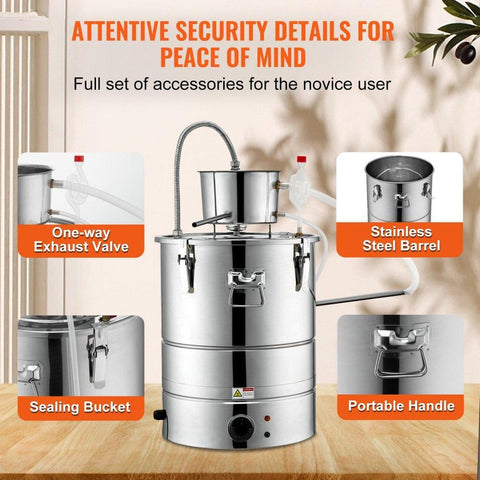 Alcohol Still, 9 Gal 30L Water Alcohol Distiller, Home Distillery Kit include Stainless Steel Tube & Pump & One-way Exhaust Valve & Thermometer (30-120℃ ) for DIY Whisky Wine Brandy, Silver