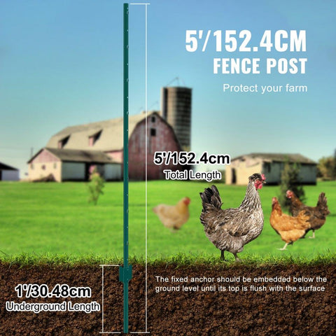 5 Feet Fence Post, 10 Pack U-Channel Heavy Duty Metal Fence Posts, Sturdy Steel Fence Stakes for Garden Yard, Lawn, Farms and Outdoor Wire Fencing, Green