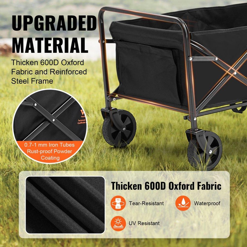 Collapsible Folding Wagon 2 cu ft Beach Cart with All Terrain 5 in Wheels Heavy Duty 220 lbs Capacity with Drink Holders for Camping Shopping and Garden