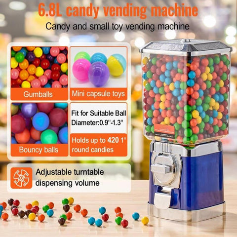 Gumball Machine for Kids, 17"H Home Candy Vending Machine, PC Gumball Dispenser, Bubble Gum Machine for Game Stores, Coin Operated Gumball Bank for Toy Capsules Bouncy Balls Candy, Blue