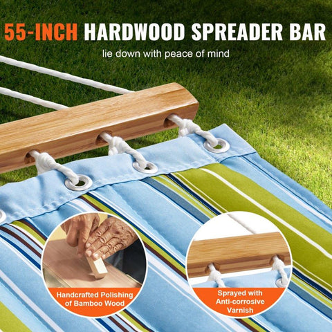 Double Quilted Fabric Hammock with Hardwood Spreader Bar Detachable Pillow