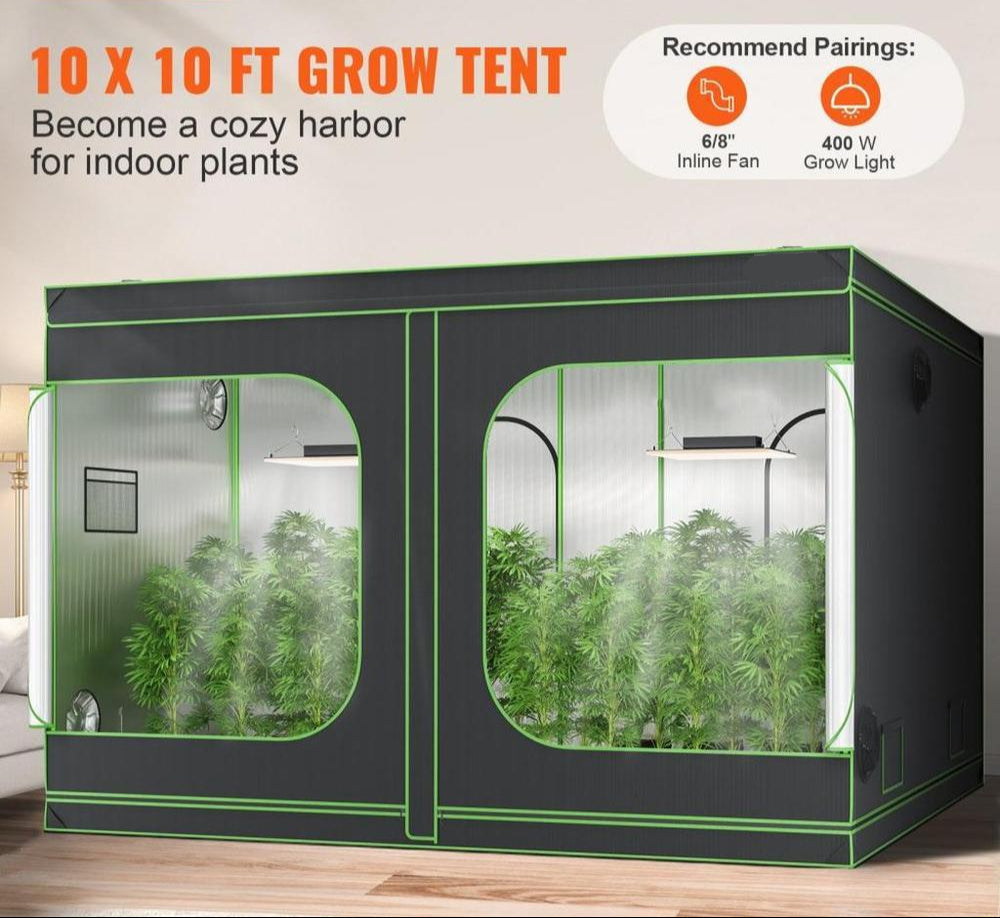 10x10 Grow Tent, 120'' x 120'' x 80'', High Reflective 600D Mylar Hydroponic Growing Tent with Observation Window, Tool Bag and Floor Tray for Indoor Plants Growing