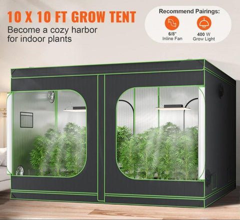 10x10 Grow Tent, 120'' x 120'' x 80'', High Reflective 600D Mylar Hydroponic Growing Tent with Observation Window, Tool Bag and Floor Tray for Indoor Plants Growing